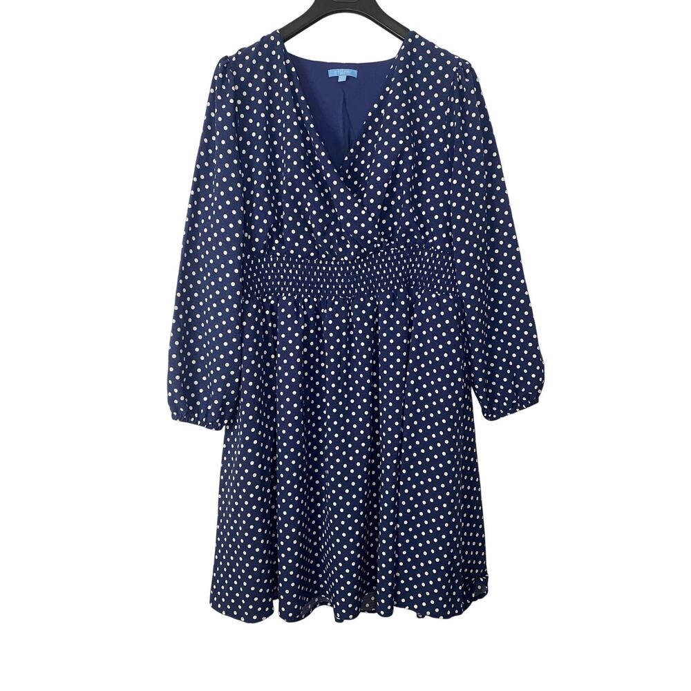 Draper James Blue Polka Dot Midi Dress Long Sleeve Lightweight Office Workwear